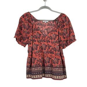 Madewell Womens Floral Faux Wrap Peplum Puff Short Sleeve Blouse Rust Size Small